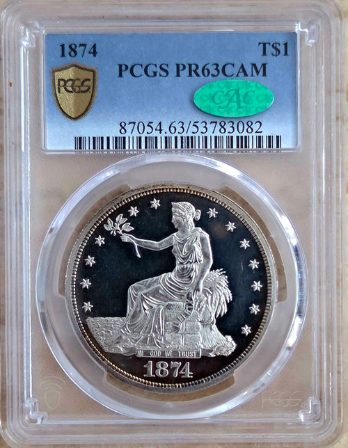 1874 $1 Trade Dollar PCGS PR-63CAMEO CAC,LOOKS FULL DCAM AND UNDERGRADED! GORGEOUS!