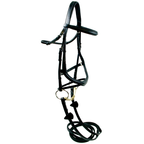 Black anatomical jumping bridle with curved cheekpieces and an anatomical crownpiece.