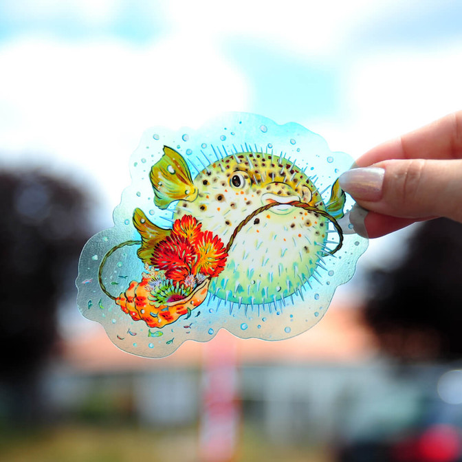 Clear vinyl sticker of a puffer fish.