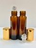 10ml [1/3 oz] AMBER Roll On Bottle with Aluminum Gold Cap STEEL Roller