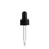 Black PP Plastic 18-400 Ribbed Skirt Dropper Assembly with Rubber Bulb and 66 mm Straight tip Glass Pipette For 1/2 oz Boston Round bottles