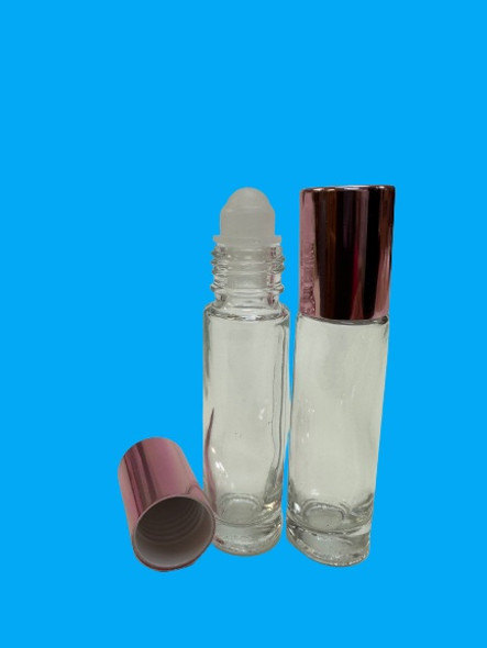 10 ml (1/3 oz) CLEAR Rollon Bottle With Aluminum Rose Gold Caps and Plastic Roller