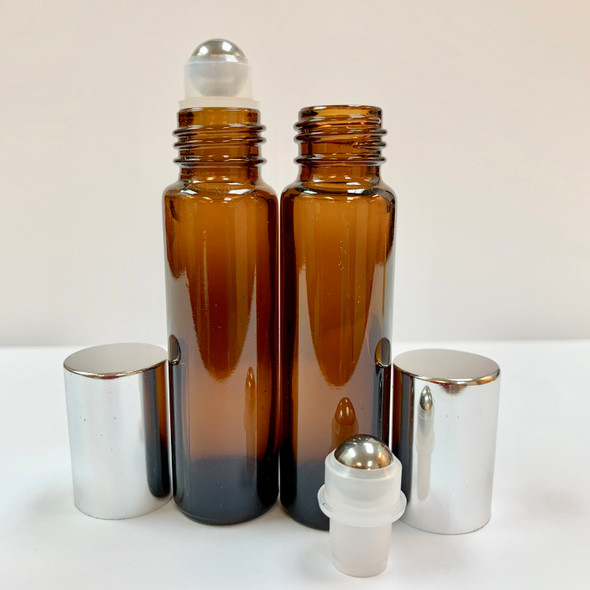 10ml [1/3 oz] AMBER Roll On Bottle with Aluminum Silver Cap STEEL Roller