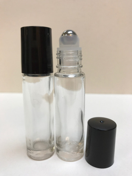 10ml (1/3 oz) Clear Rollon Bottle With Stainless Steel Roller & Black Caps