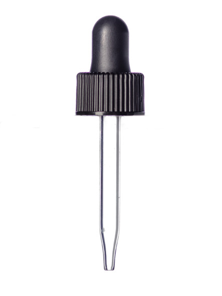 Black PP Plastic 13-425 Ribbed Skirt Dropper Assembly with Rubber Bulb and Glass Pipette (Fits 1 Dram Bottle)