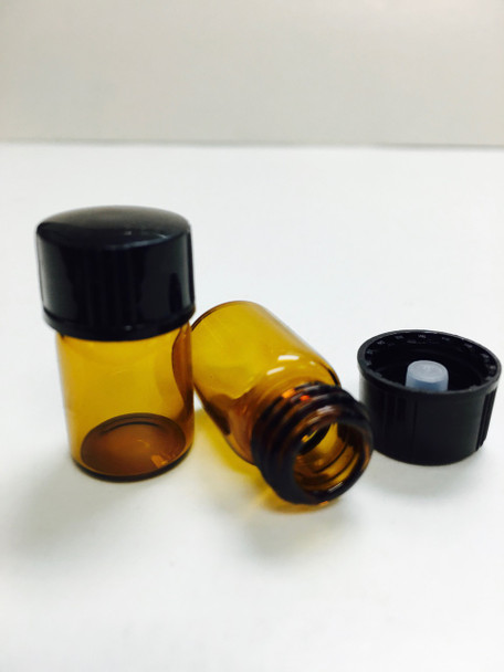 1/2 Dram (15 mm X 26 mm) Amber Glass Vial 13-425 neck finish with Plastic Cone Liner Caps [72 PCS]