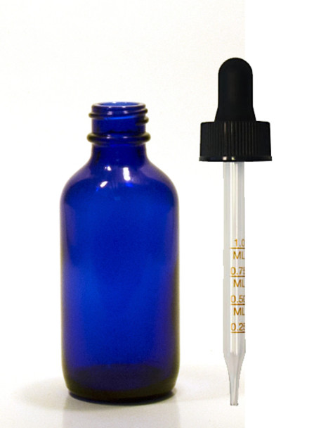 60ml [2 oz] Cobalt Blue Boston Round Bottle with 20-400 Standard Glass Dropper 7X89mm with Graduated Marks [12 Pieces]