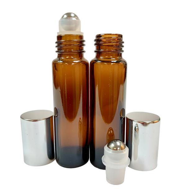 10ml [1/3 oz] AMBER Roll On Bottle with Aluminum Silver Cap STEEL Roller