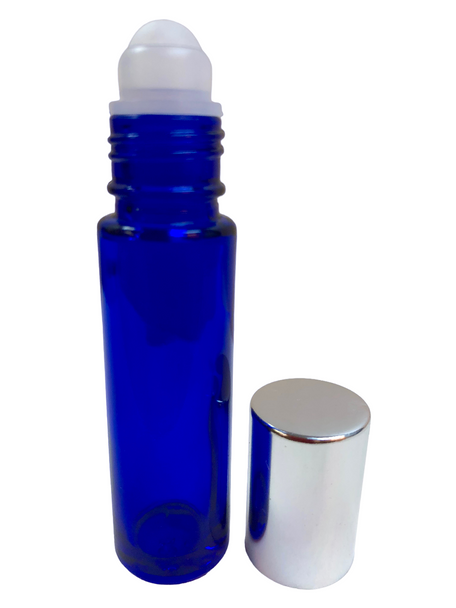 10ml [1/3 oz] Cobalt Blue Roll On Bottle With Aluminum Silver Cap Plastic Roller