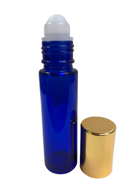 10ml [1/3 oz] Cobalt Blue Roll On Bottle With Aluminum Gold Cap Plastic Roller