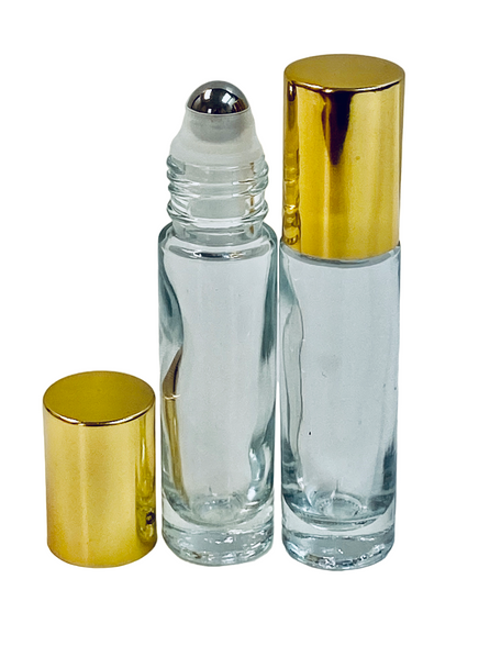 10ml (1/3 oz) Clear Rollon Bottle With Stainless Steel Roller with Aluminum Gold Caps
