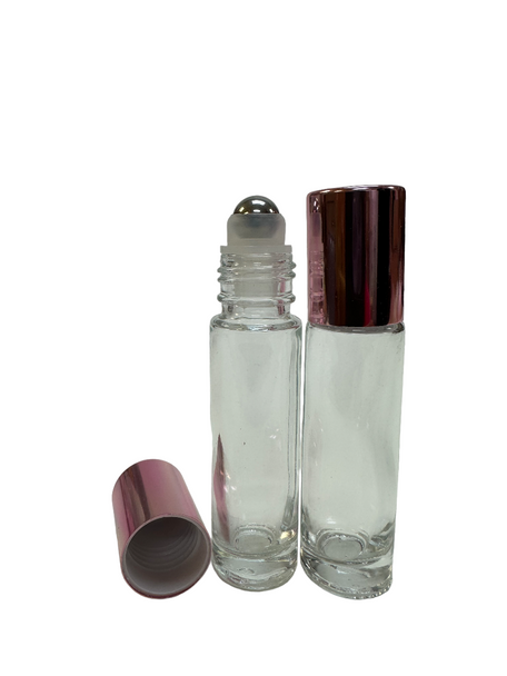 10ml (1/3 oz) Clear Rollon Bottle With Stainless Steel Roller with Aluminum Rose Gold Caps