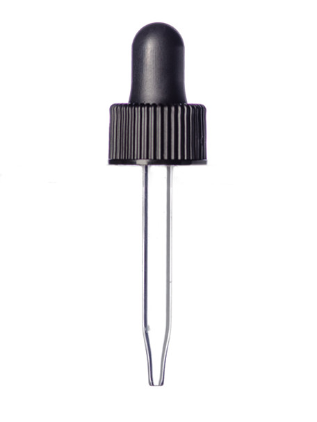 Black PP Plastic 18-400 Ribbed Skirt Dropper Assembly with Rubber Bulb and 66 mm Straight tip Glass Pipette For 1/2 oz Boston Round bottles