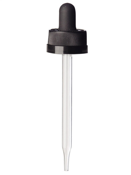 Black PP Plastic 20-400 Ribbed Skirt Child-Resistant Dropper Assembly with rubber bulb and 89 mm Straight Tip Glass Pipette