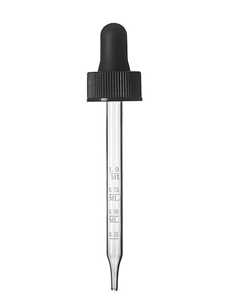 Black PP Plastic 22-400 Ribbed Skirt Dropper Assembly with Rubber Bulb and 108 mm Straight Tip Glass Pipette for 4 oz Boston Round Bottle with Graduated Marks