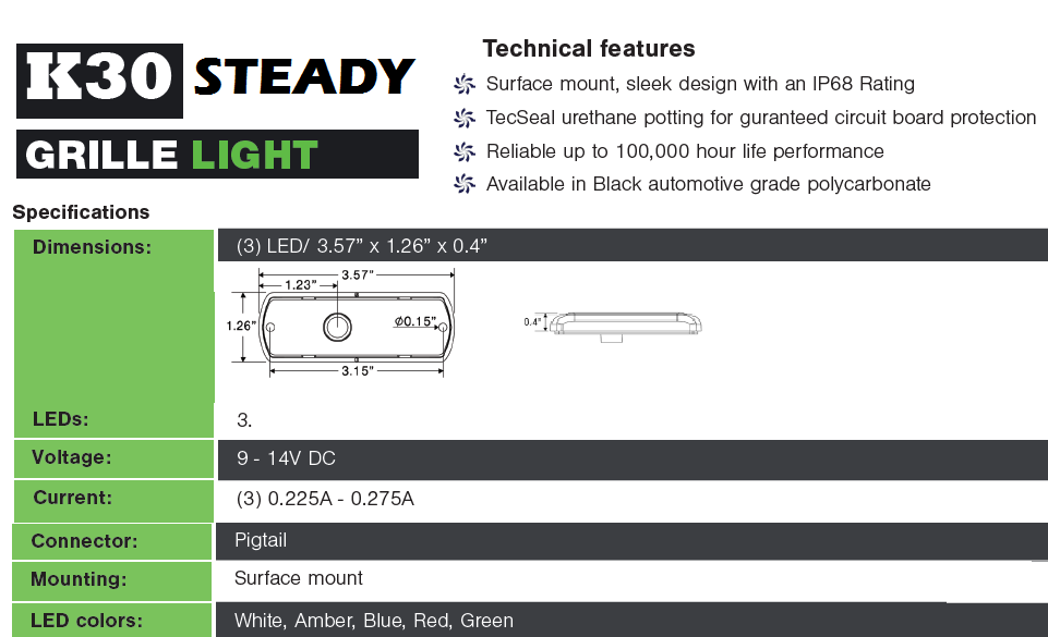 K30-STEADY 3LED Clear Lens Surface Mount TecNiq NEW Lifetime USA