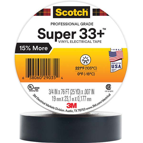 3M Scotch Super 33+ black electrical tape 3/4 inch wide 76 feet long for HVAC electrical insulation