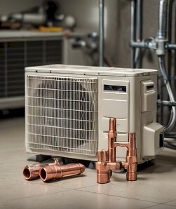 HVAC system components including a fan, condenser, and ventilation parts.