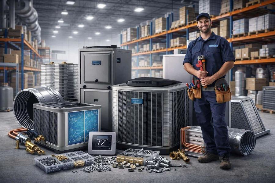 Professional HVAC technician in a warehouse surrounded by HVAC parts, industrial tools, and safety equipment ready for same-day shipping