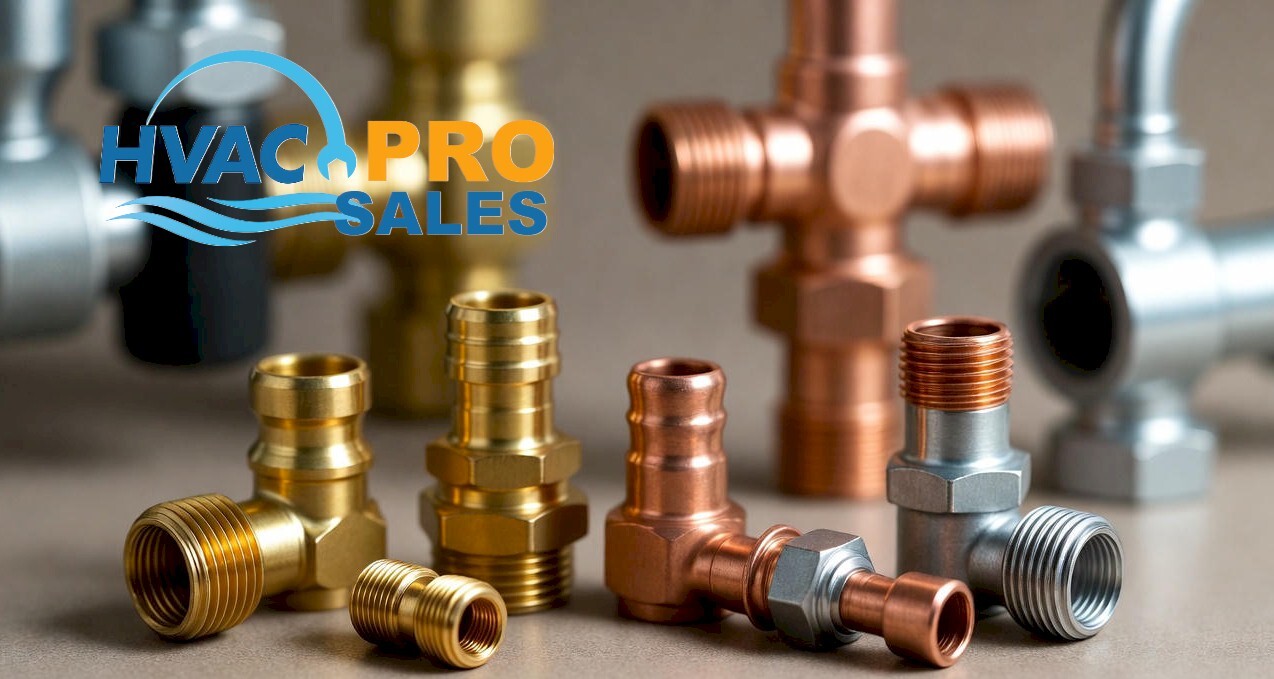 Assorted brass and copper HVAC adapters for flare, sweat and threaded connections