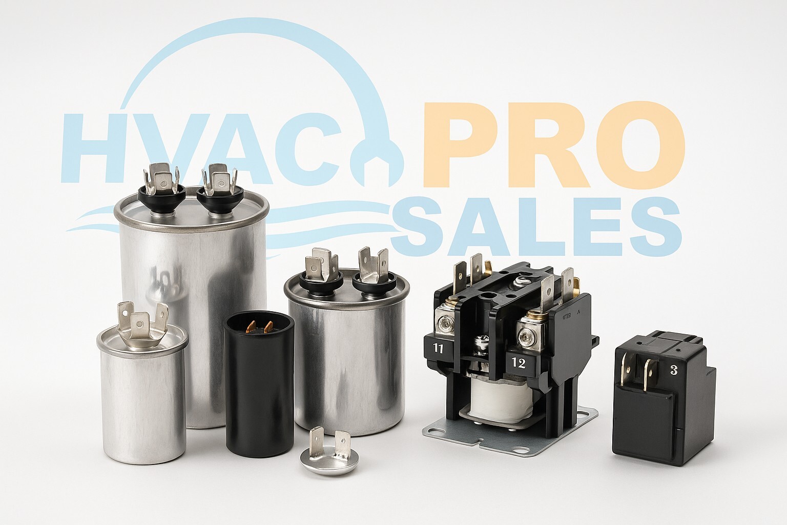 Assorted HVAC capacitors and hard start kits for compressors and fan motors