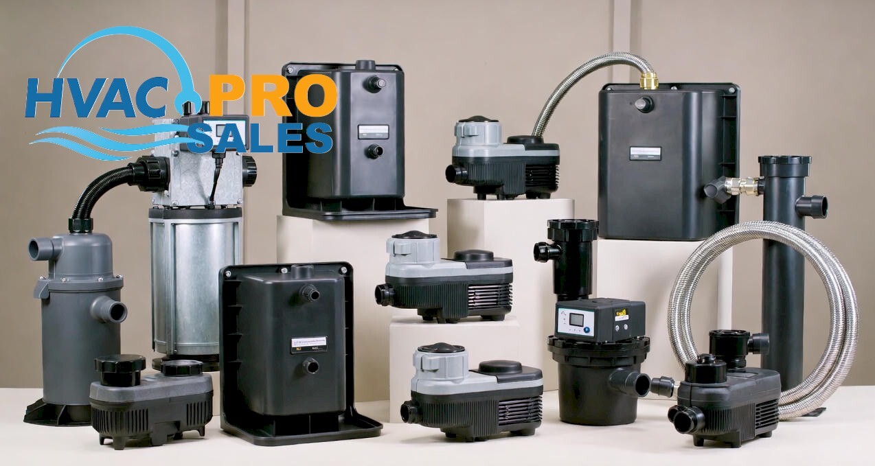 Condensate pumps, pans and drain components preventing HVAC water damage