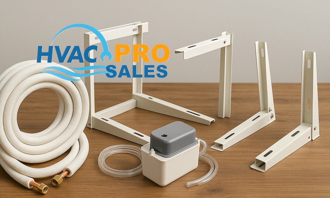 Mini split accessories including line sets, brackets, and condensate pumps
