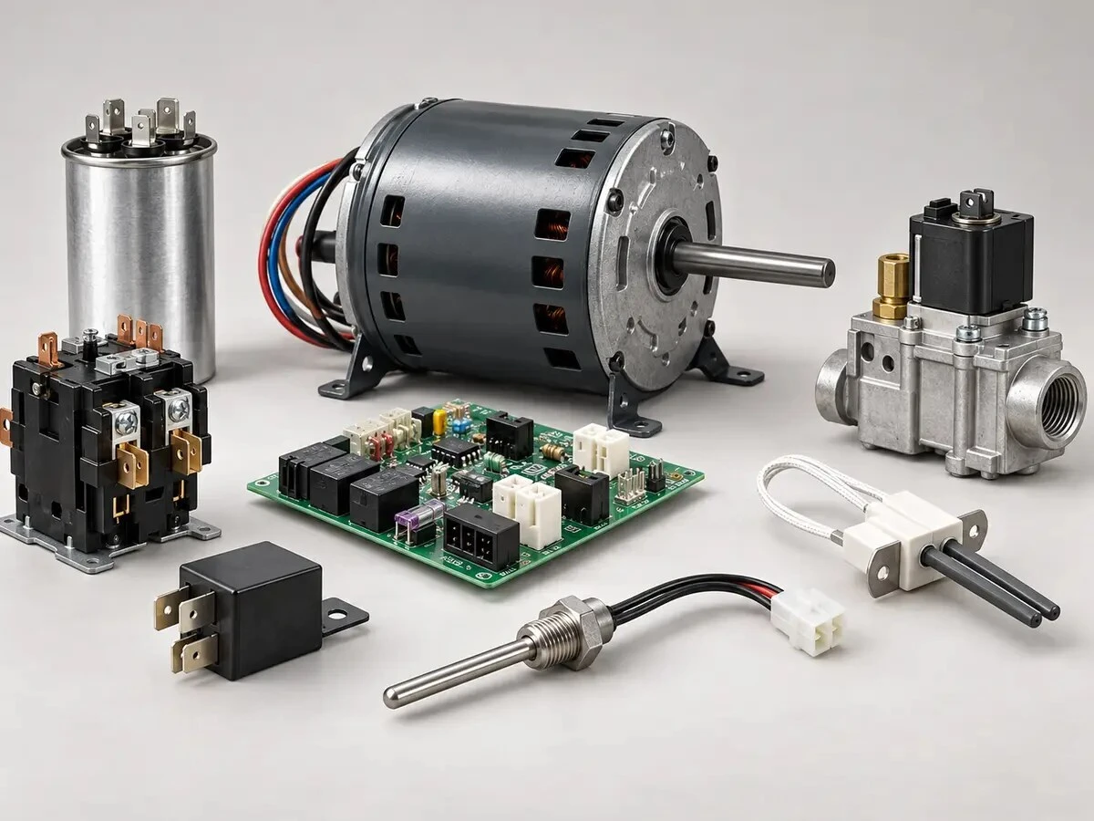 HVAC replacement parts including capacitors, contactors, motors and sensors