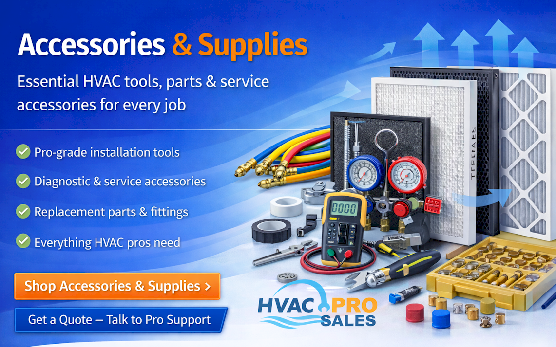 HVAC accessories and supplies including mounting hardware, sealants, fittings and installation materials