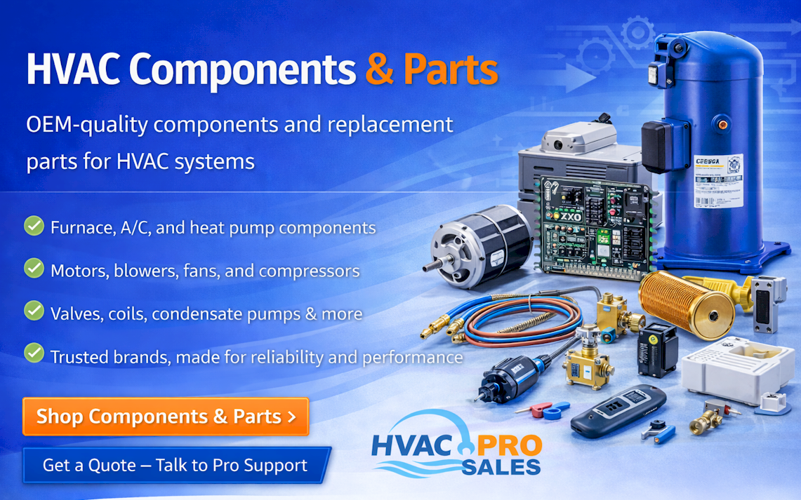 HVAC components and replacement parts including motors, boards, refrigeration and installation supplies