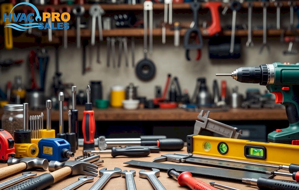 HVAC tools and diagnostic instruments including meters, gauges and probes arranged on a workbench