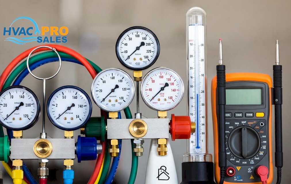 HVAC diagnostic tools including multimeter, gauges, leak detector, and sensors