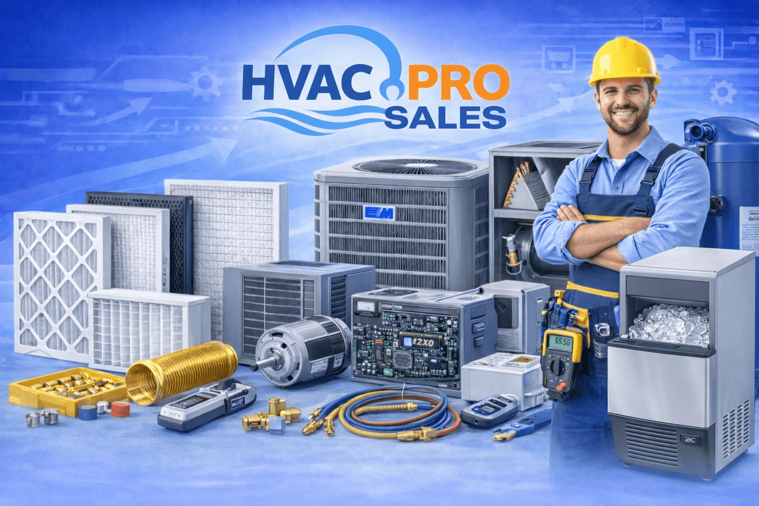 HVAC technician working on commercial equipment with tools and supplies