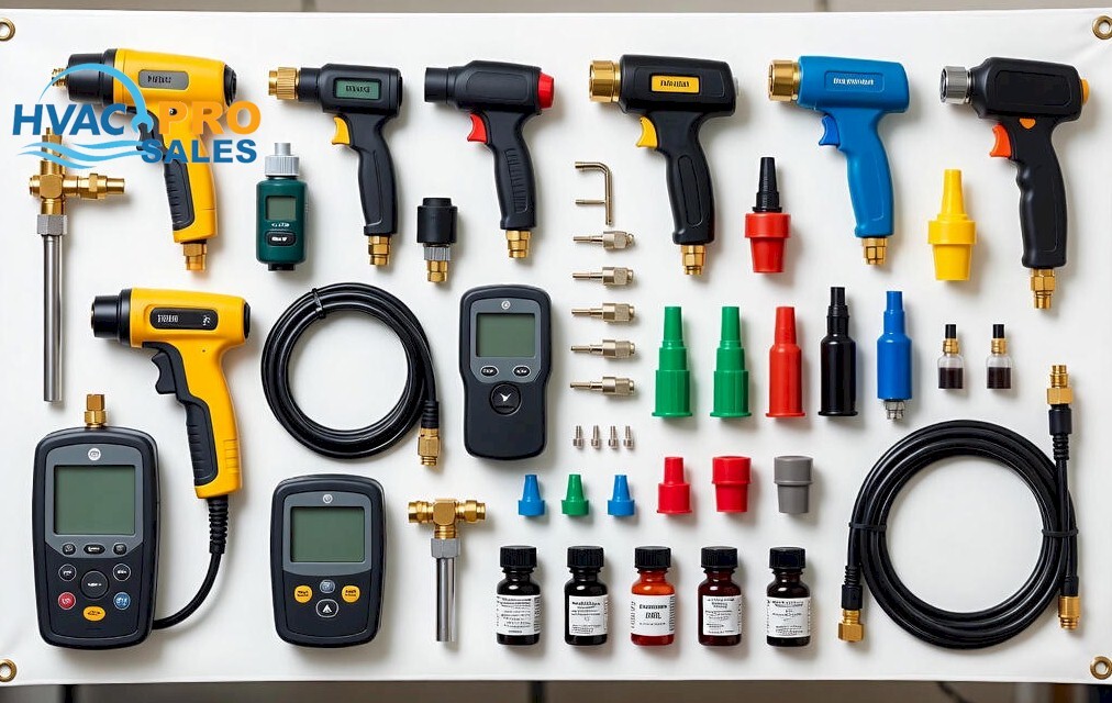 Leak detection accessories including UV lamps, safety glasses, sensors and hoses