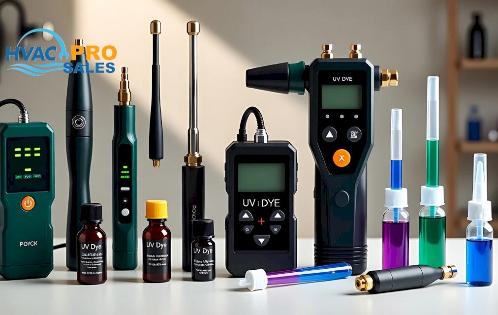 Electronic refrigerant leak detectors and UV dye kits for HVAC systems