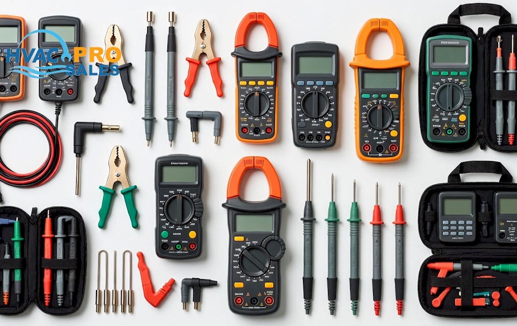 HVAC multimeter kit with digital meter, clamp meter, test leads and temperature probe in a protective case