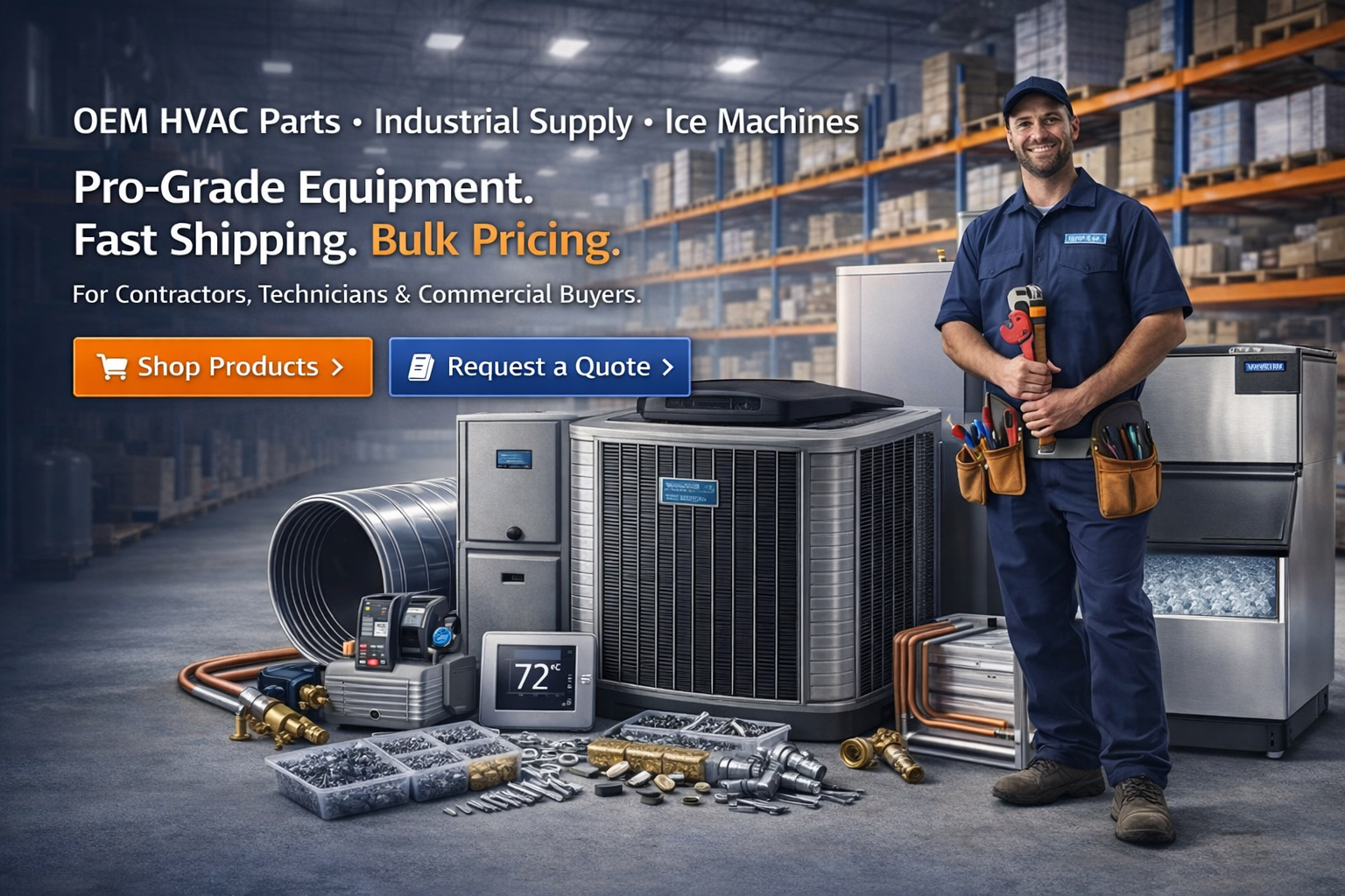 Professional HVAC technician in a warehouse surrounded by HVAC parts, industrial tools, and safety equipment ready for same-day shipping