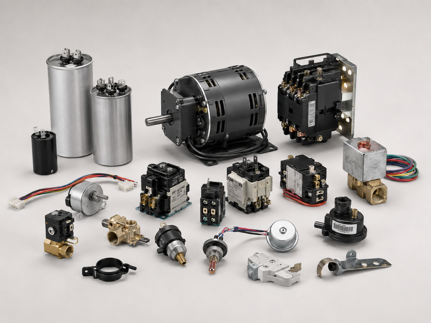 HVAC replacement parts including capacitors, contactors, motors and sensors