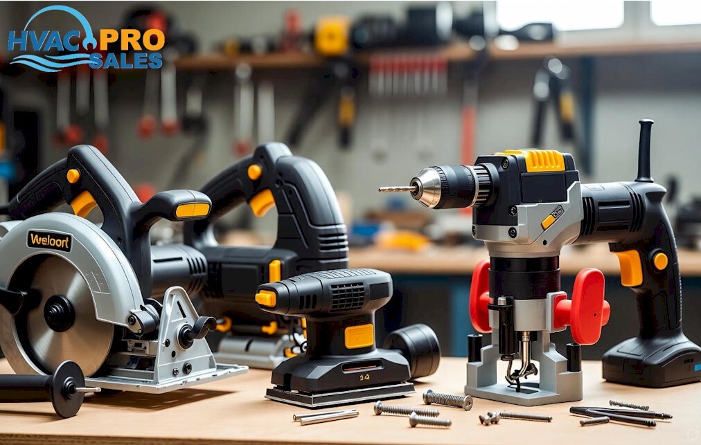 Cordless power tools used by HVAC technicians for drilling, cutting and fastening