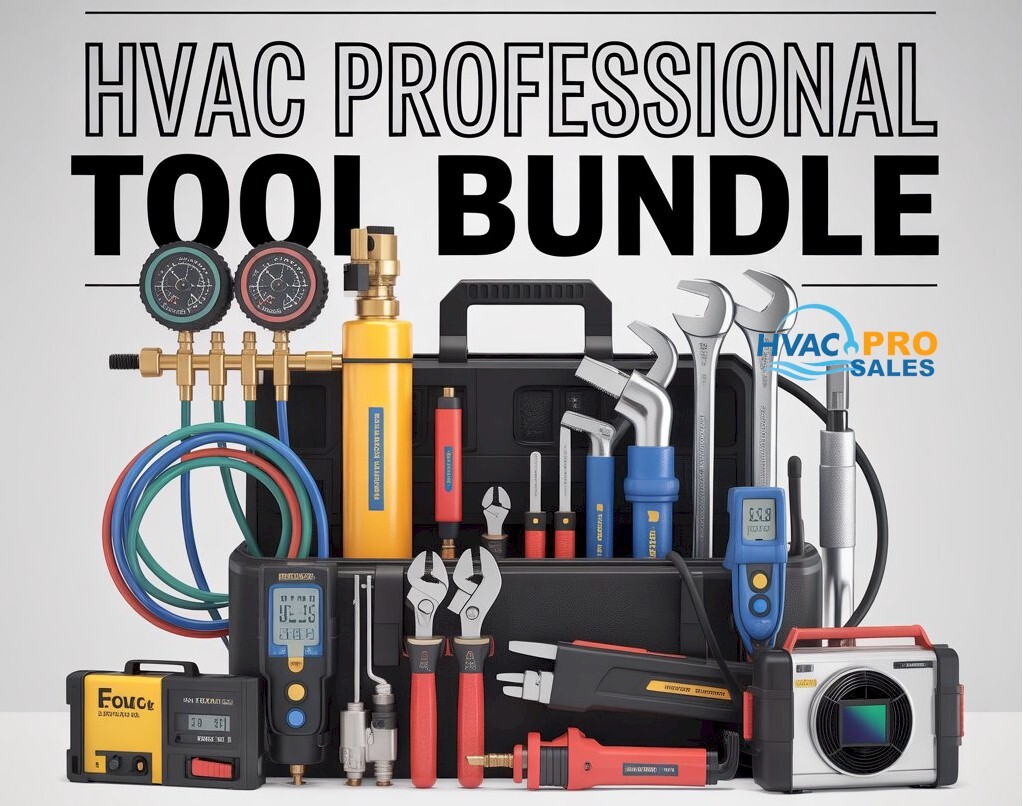 HVAC tool bundles with multimeter, manifold gauges, vacuum pump, and hand tools