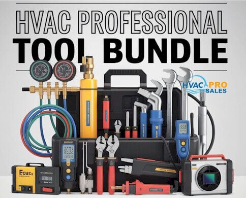 HVAC tool bundles with multimeter, manifold gauges, vacuum pump, and hand tools