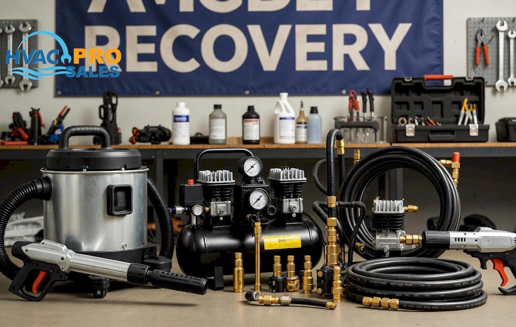 HVAC recovery and vacuum tools including recovery machines, vacuum pumps, hoses and refrigerant tanks