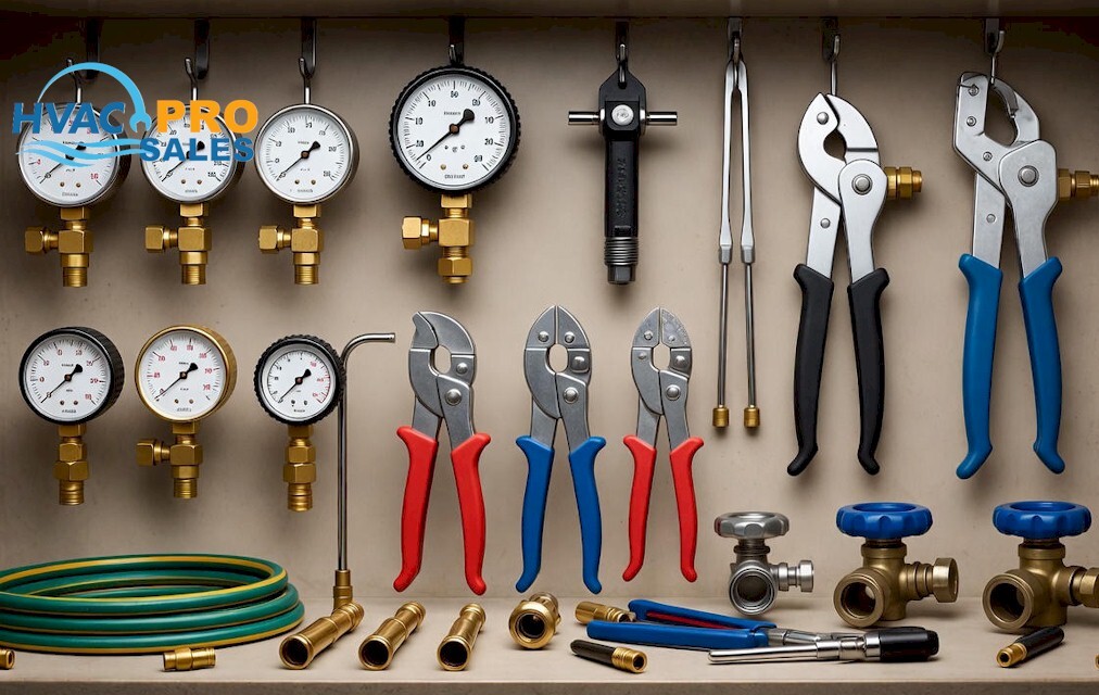 Refrigeration tool set including gauges, hoses, flaring tools, tubing cutters, and leak detection equipment