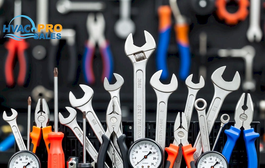 HVAC repair tools including service wrenches, nut drivers, tubing cutters and coil cleaning brushes on a workbench