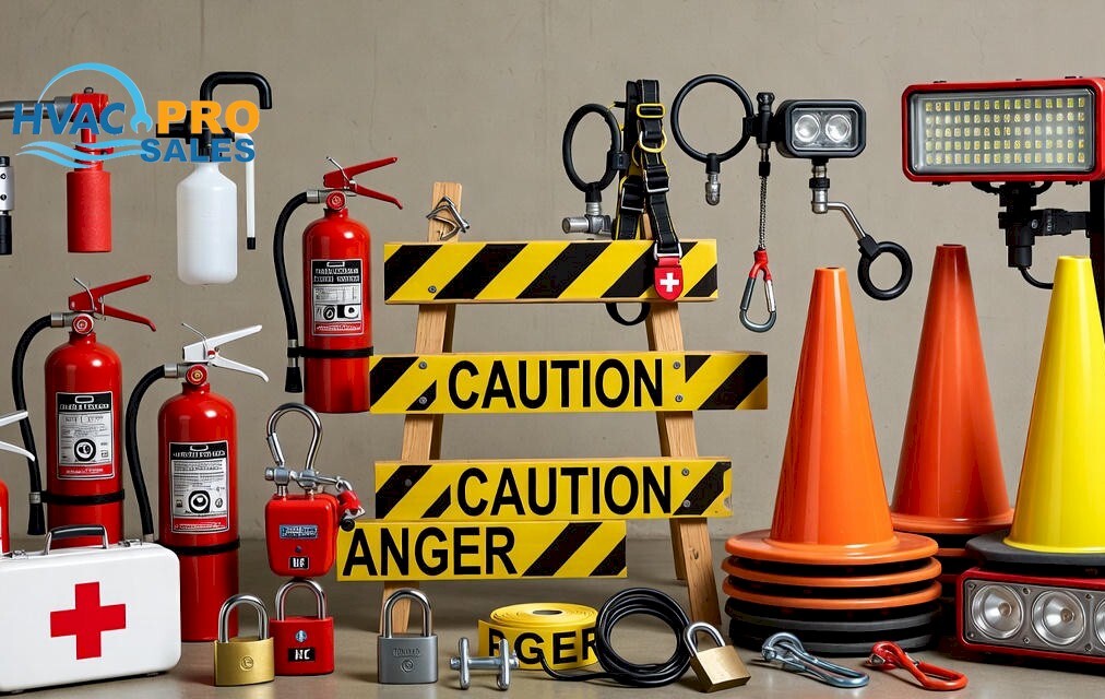 Safety equipment for HVAC jobsites including fire extinguishers, cones and first-aid kits