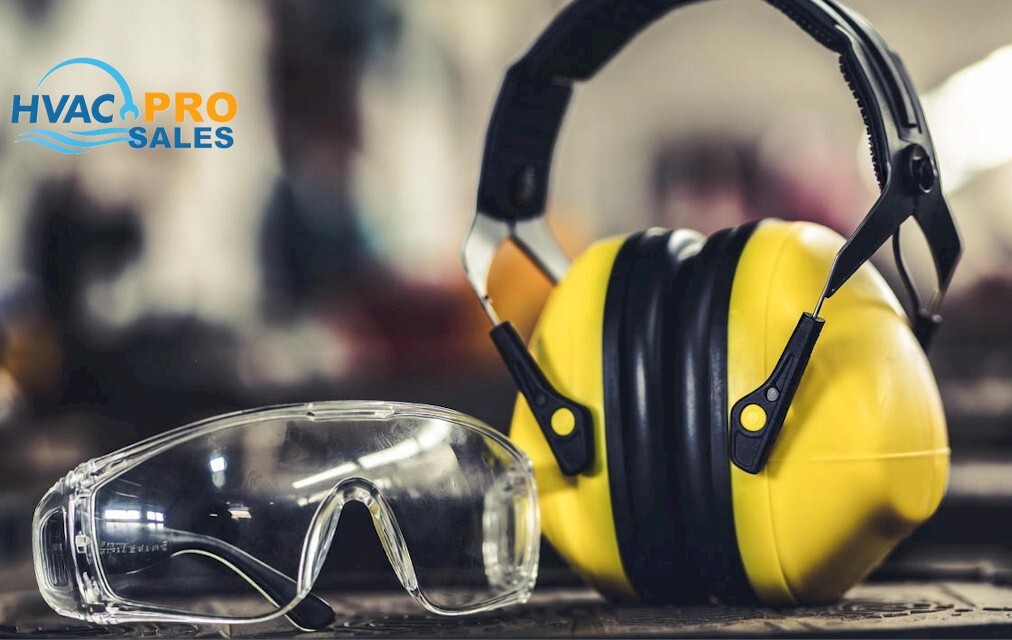 Safety glasses and hearing protection for HVAC technicians including earplugs and earmuffs