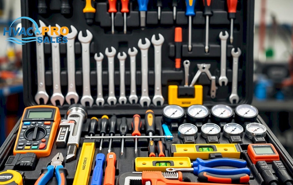HVAC service kit with coil cleaner, tablets, brushes, and maintenance tools organized for seasonal tune-ups