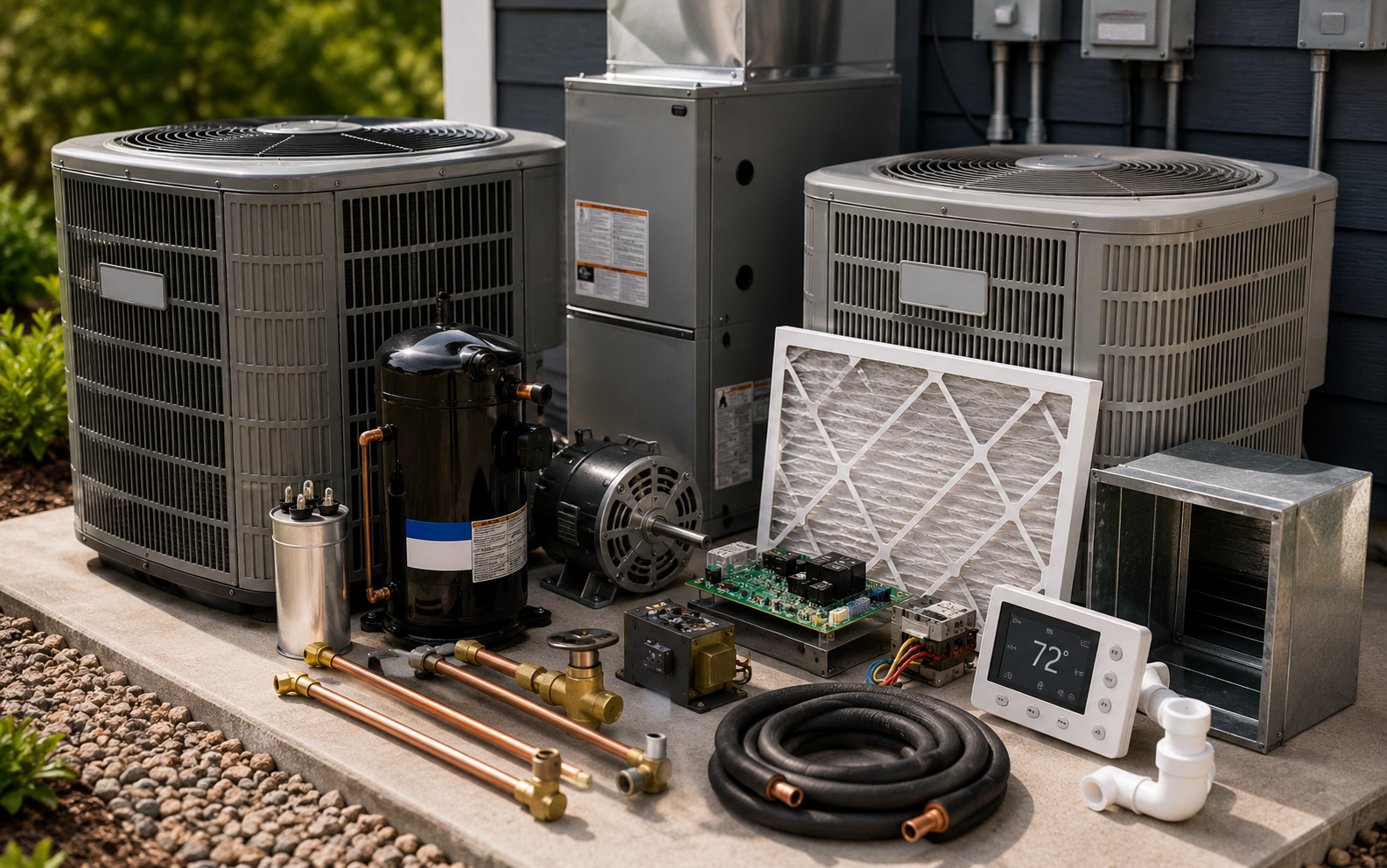 OEM HVAC systems, replacement parts, compressors, motors, thermostats, filters, and HVAC components