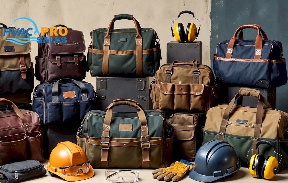 HVAC tool bags, backpacks and work gear arranged for jobsite use