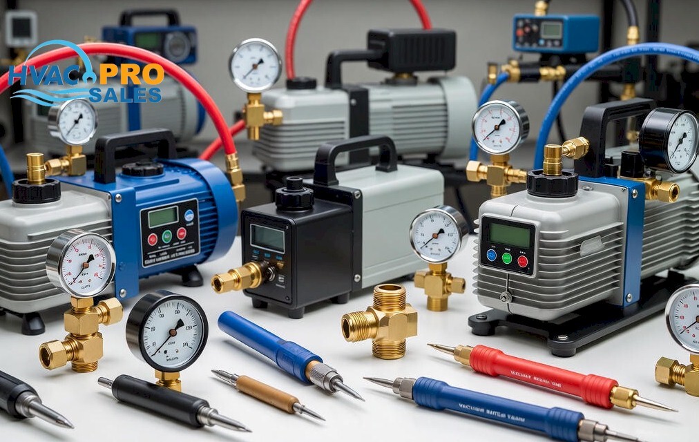 HVAC vacuum pump kit with vacuum pump, micron gauge, vacuum-rated hoses and core removal tools